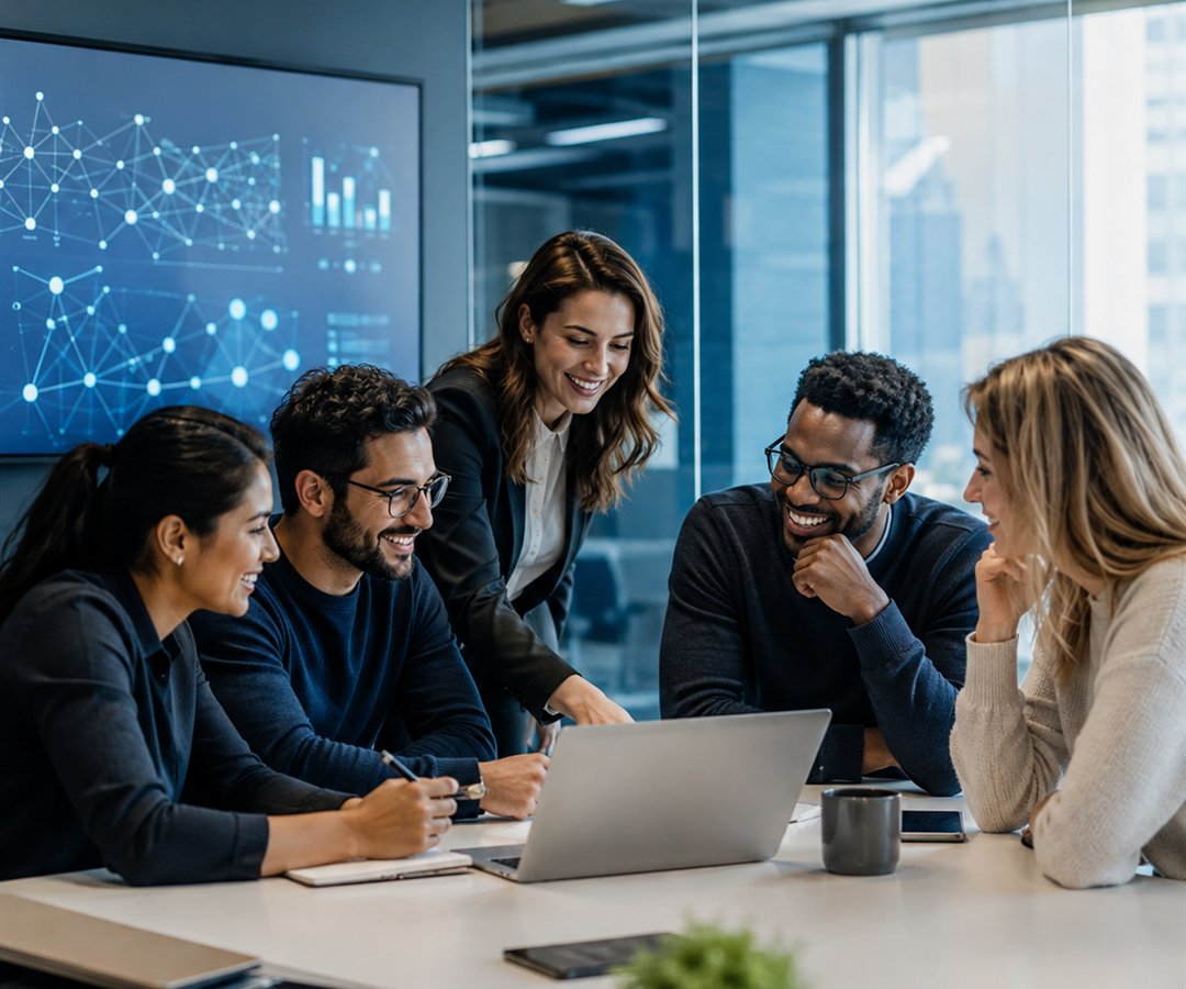 Cybersecurity professionals working together around a laptop